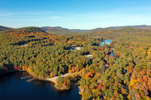 An aerial view of Danforth Bay Camping & RV Resort in the fall